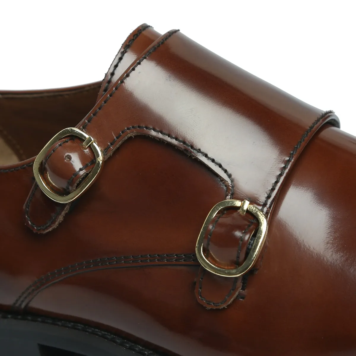 Brown Brushed Off Leather Rounded Cap Toe Double Monk Strap Formal Shoes By Brune & Bareskin