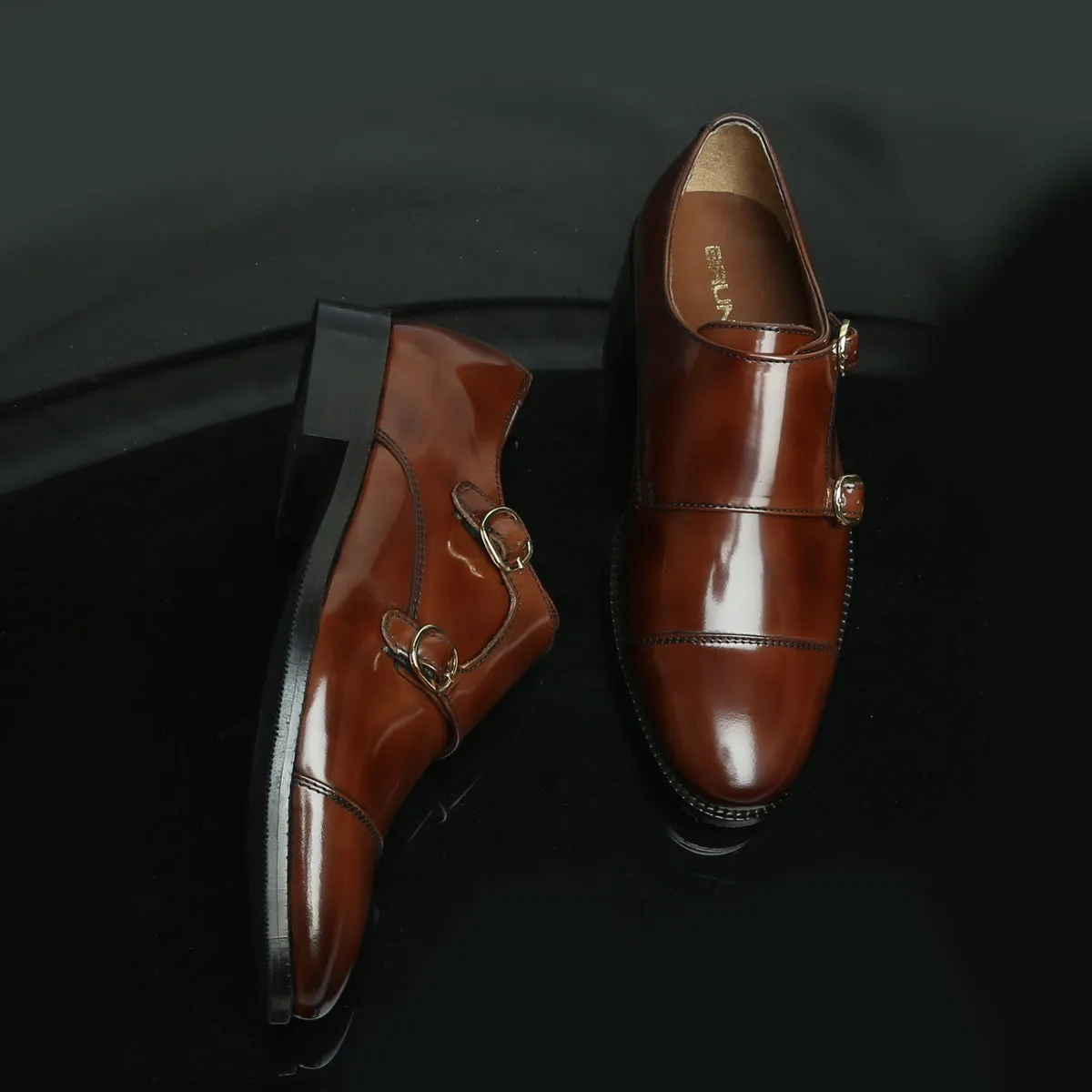 Brown Brushed Off Leather Rounded Cap Toe Double Monk Strap Formal Shoes By Brune & Bareskin