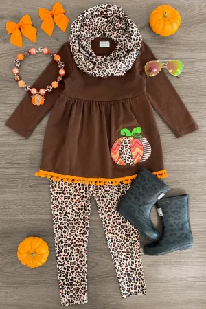 Brown Leopard Pumpkin Legging Scarf Set