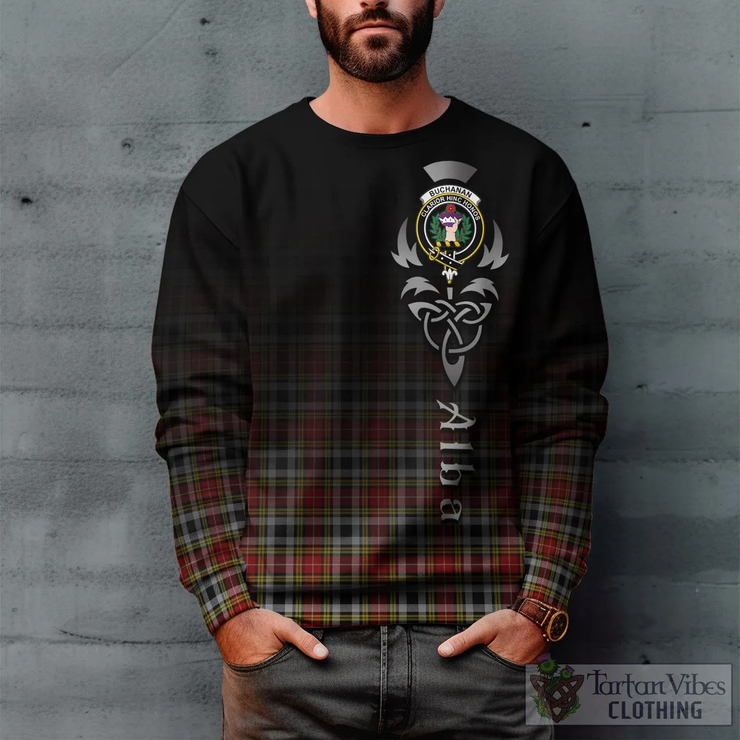 Buchanan Old Dress Tartan Sweatshirt Featuring Alba Gu Brath Family Crest Celtic Inspired