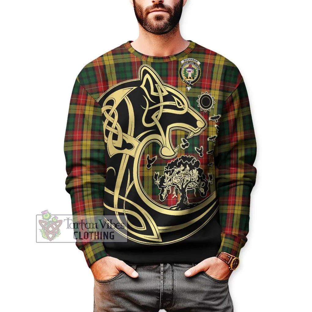 Buchanan Tartan Sweatshirt with Family Crest Celtic Wolf Style