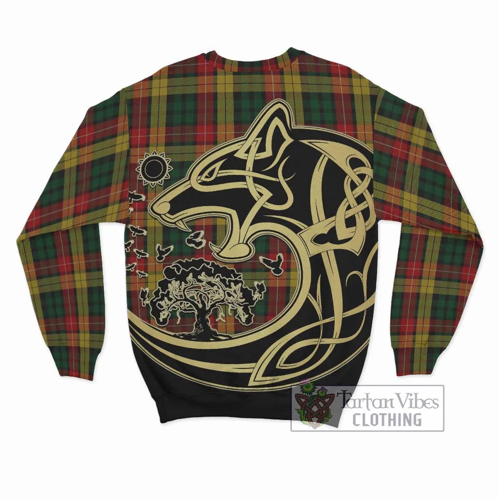 Buchanan Tartan Sweatshirt with Family Crest Celtic Wolf Style