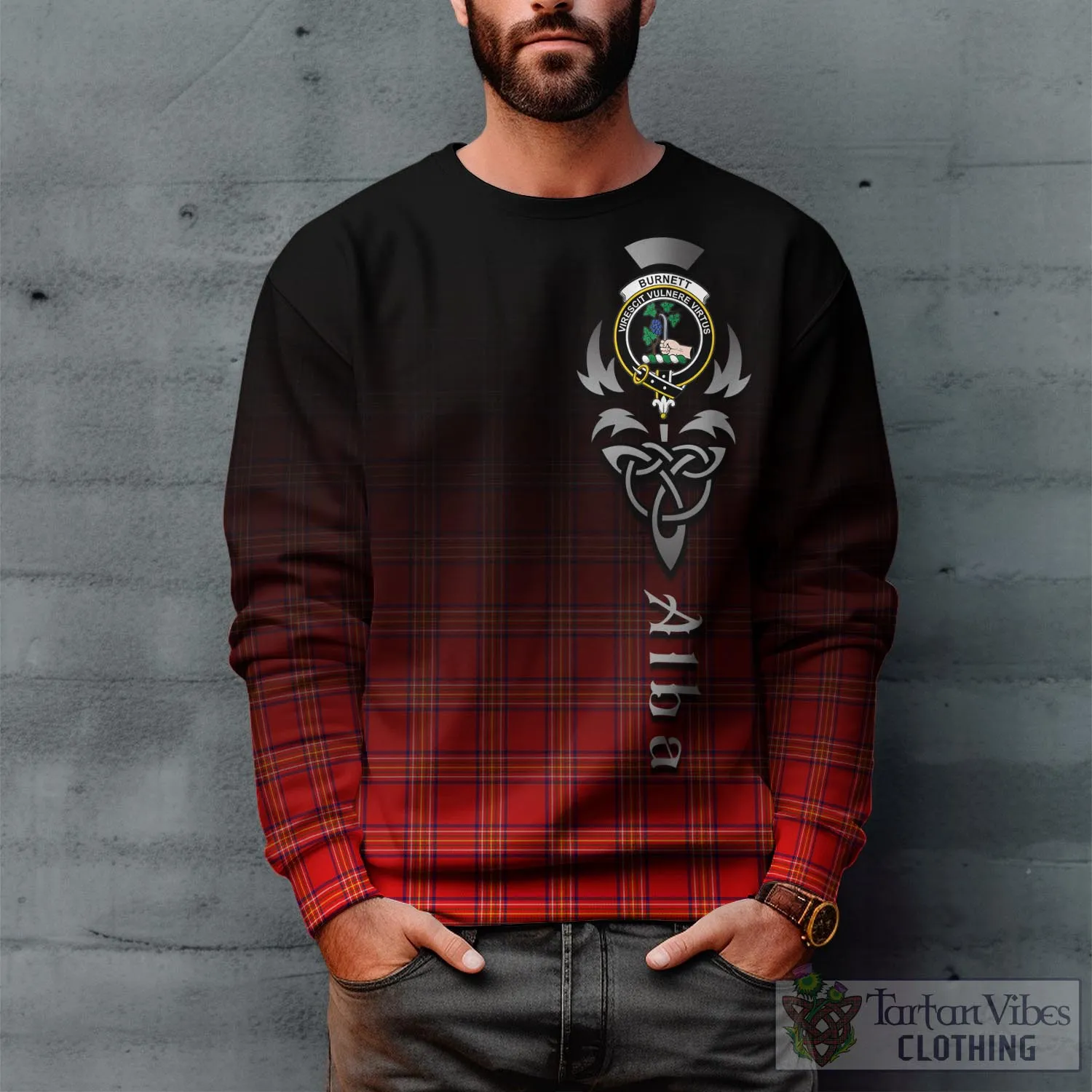 Burnett Modern Tartan Sweatshirt Featuring Alba Gu Brath Family Crest Celtic Inspired