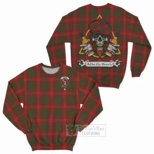 Burns Tartan Sweatshirt with Family Crest and Bearded Skull Holding Bottles of Whiskey