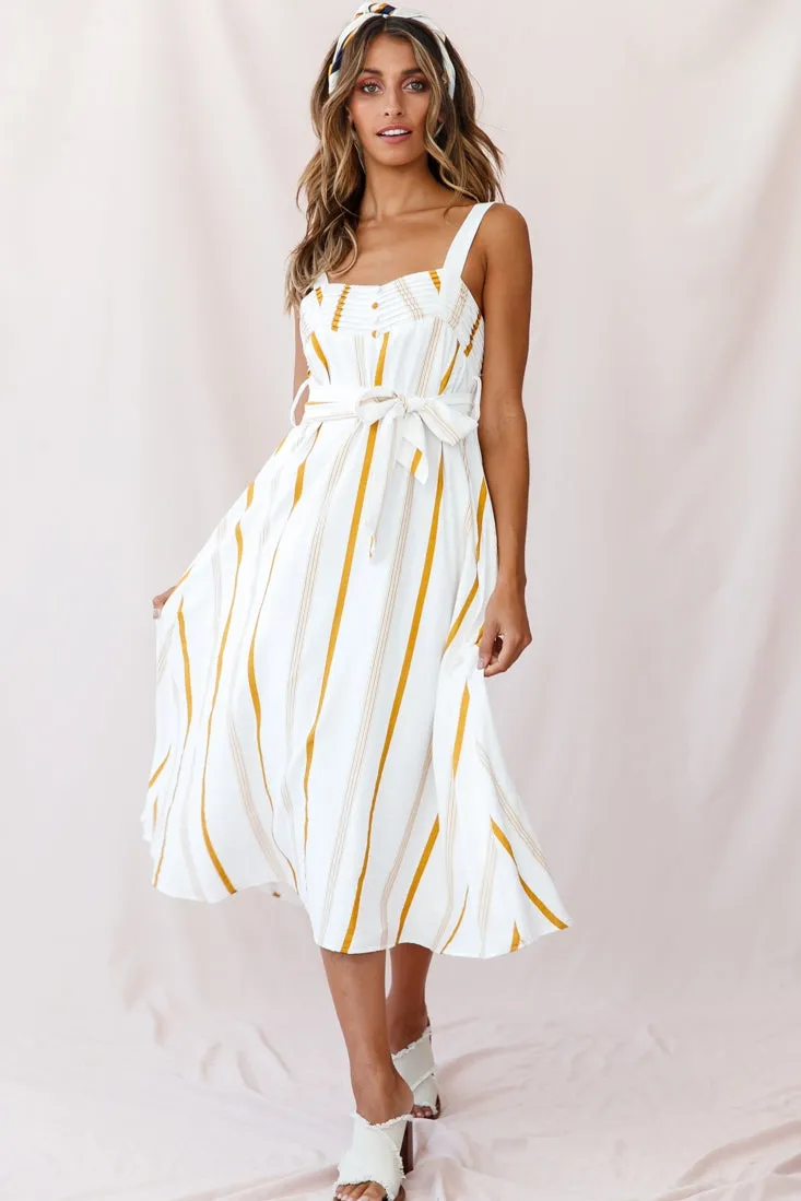 Colmar Wide Strap Midi Dress White Mustard Stripe