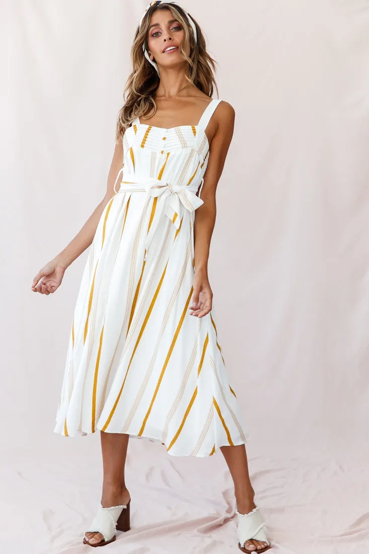 Colmar Wide Strap Midi Dress White Mustard Stripe