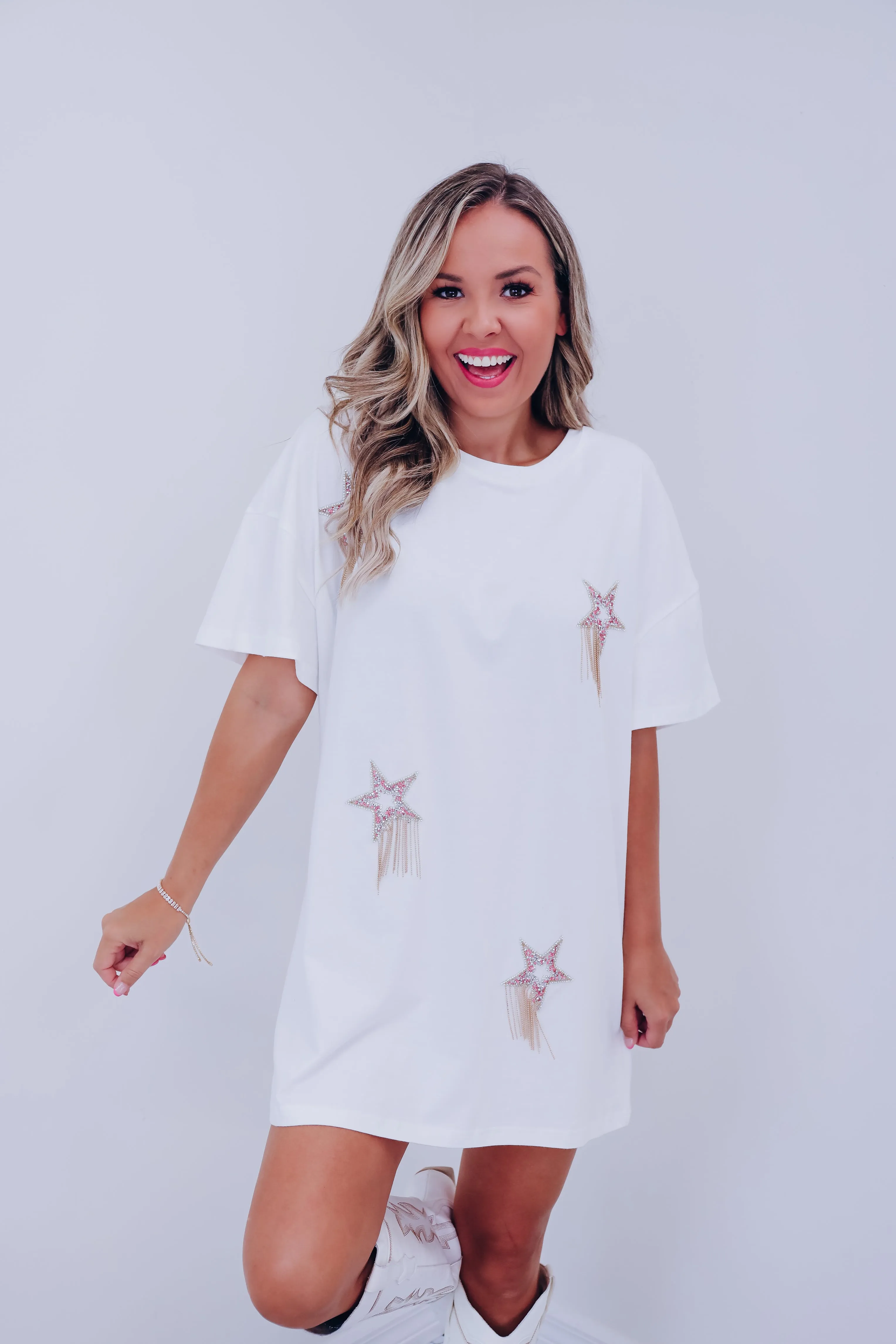 Comet Rhinestone T-Shirt Dress - White