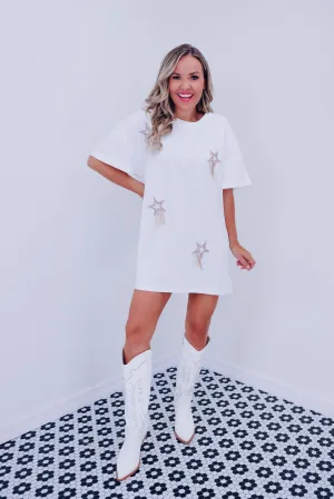 Comet Rhinestone T-Shirt Dress - White