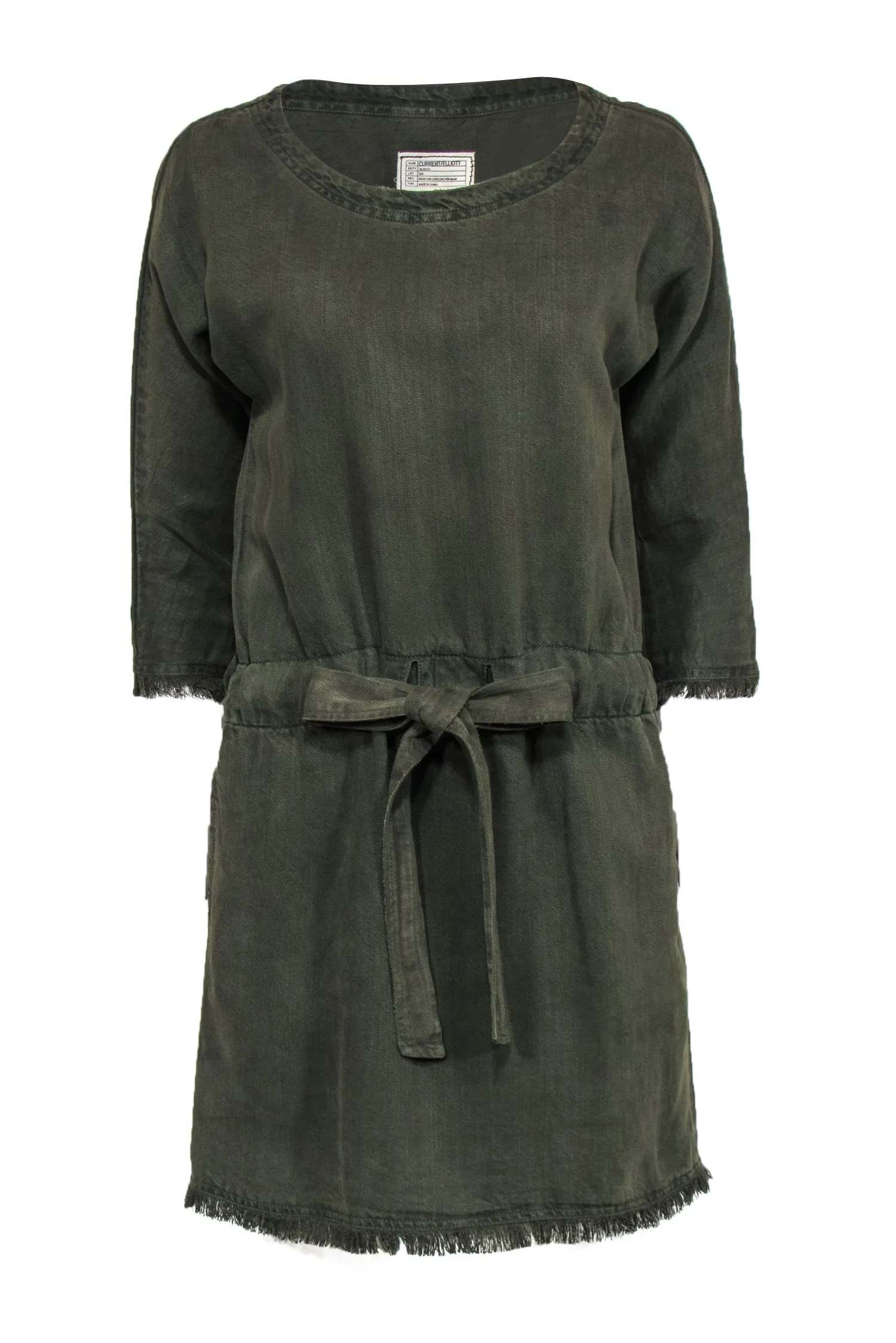 Current/Elliott - Olive Twill Linen Blend Tie Waist Dress w/ Fringe Sz 0