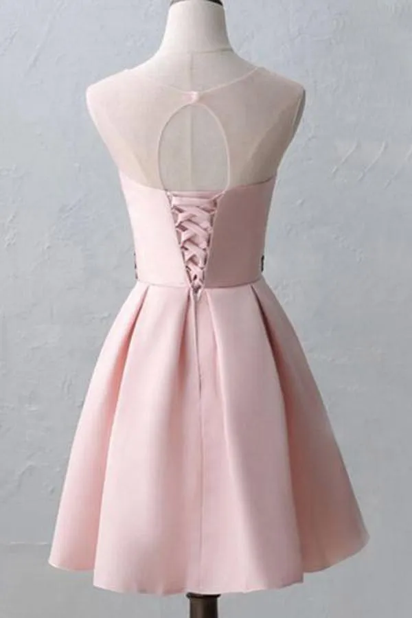 Cute Illusion Scoop Pink Short Homecoming Dresses PD217