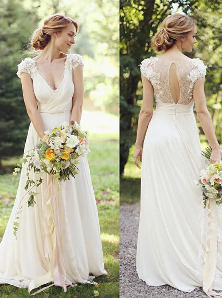 Deep V Neck Cap Sleeve Wedding Dresses Sheer Back Appliques Wedding Gown  WD366