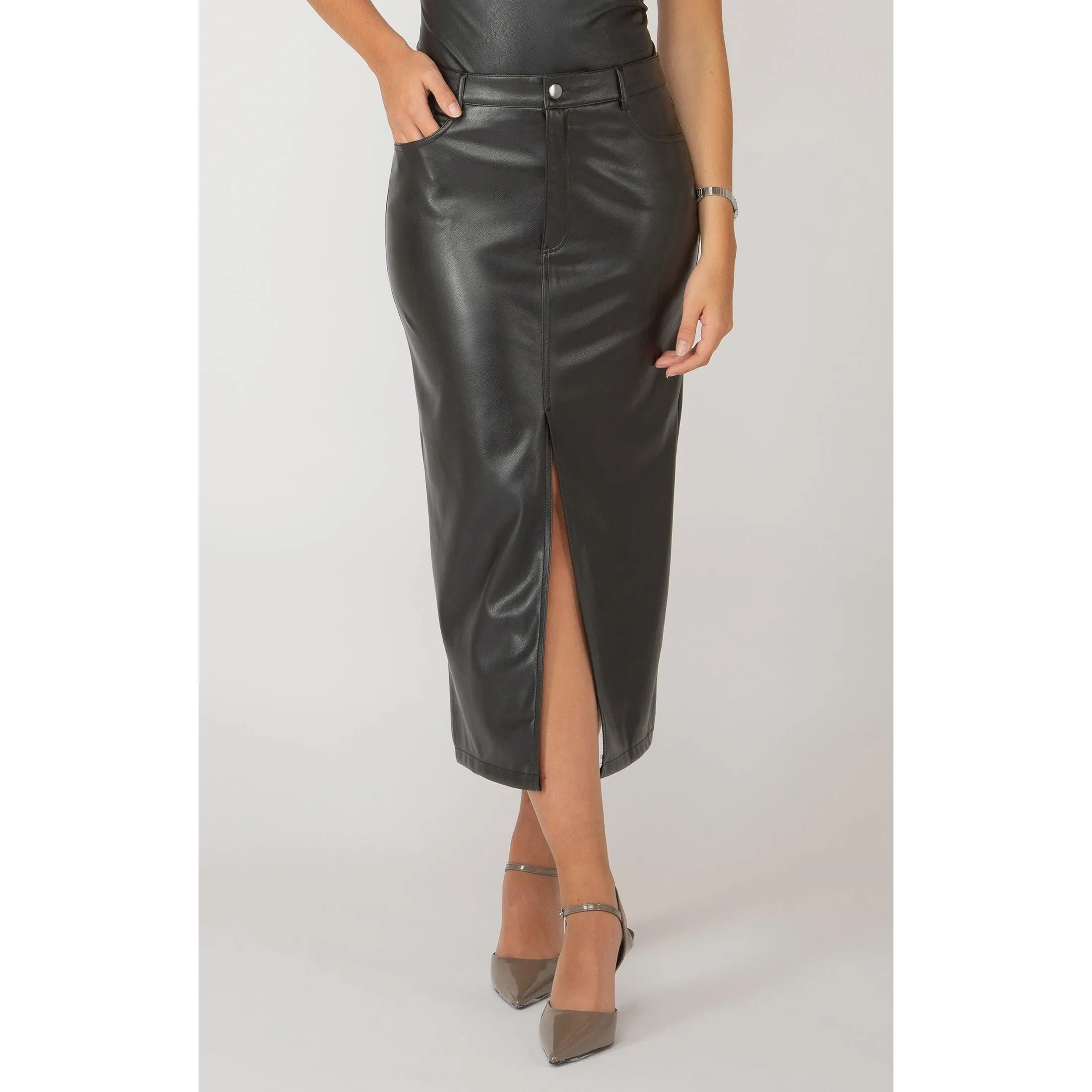 Dex Black Tape Faux Leather Midi Skirt