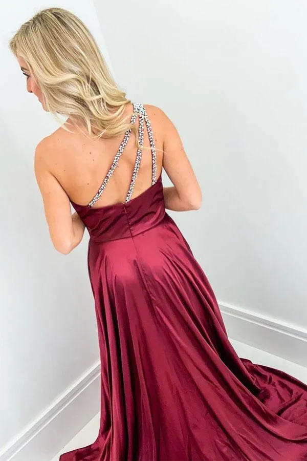 Elegant Wine Red One Shoulder Long Prom/Formal Dress with Split  PSK037