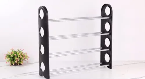 FLIPZON 4 Shelves Shoe Rack, 12 Pairs, Metal & Plastic (Small) (Rustproof) (Black & Silver)