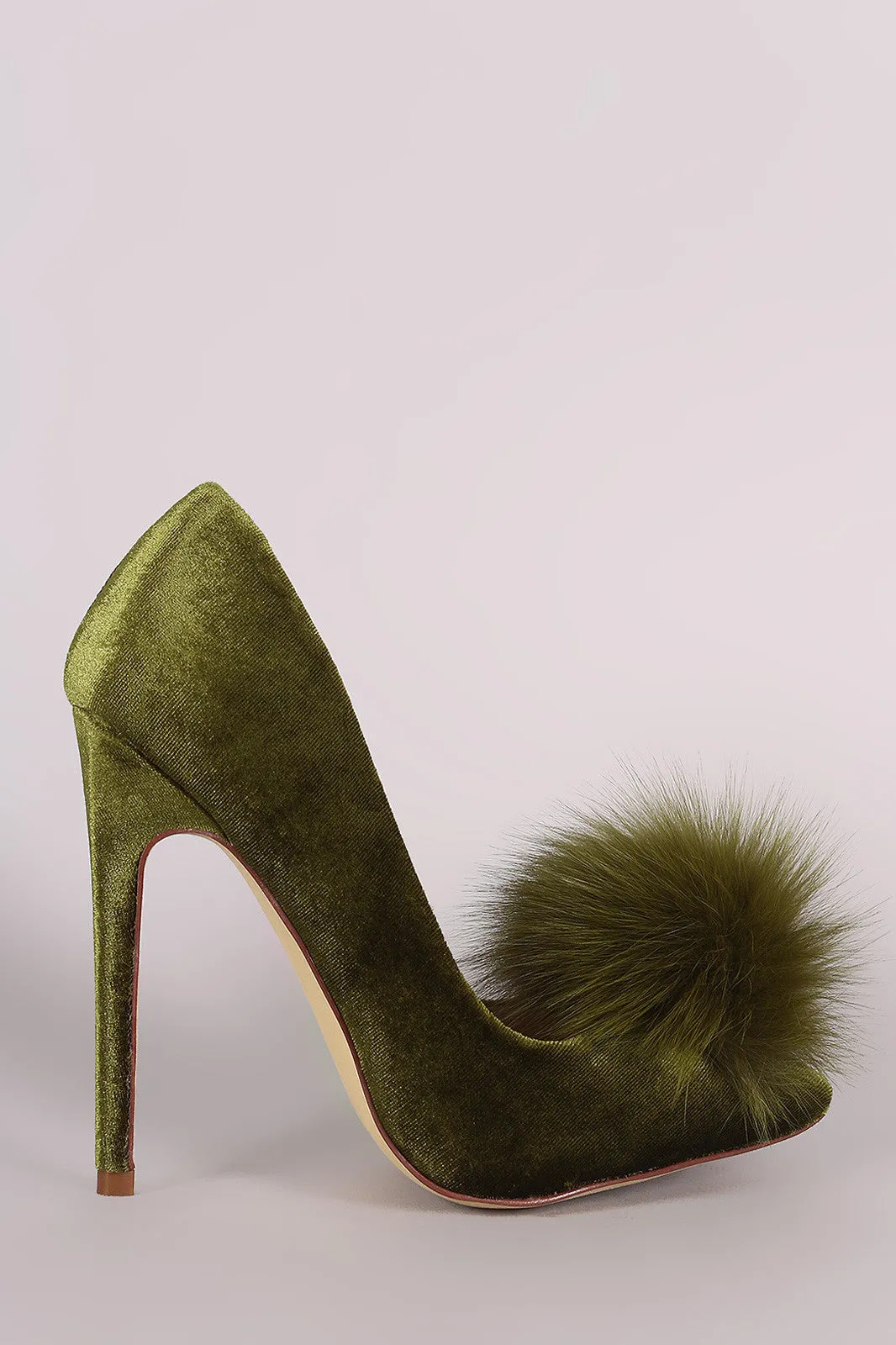 Fur Pom Pom Velvet Pointy Toe Stiletto Pump