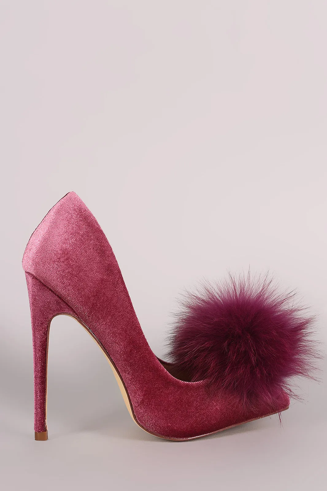 Fur Pom Pom Velvet Pointy Toe Stiletto Pump