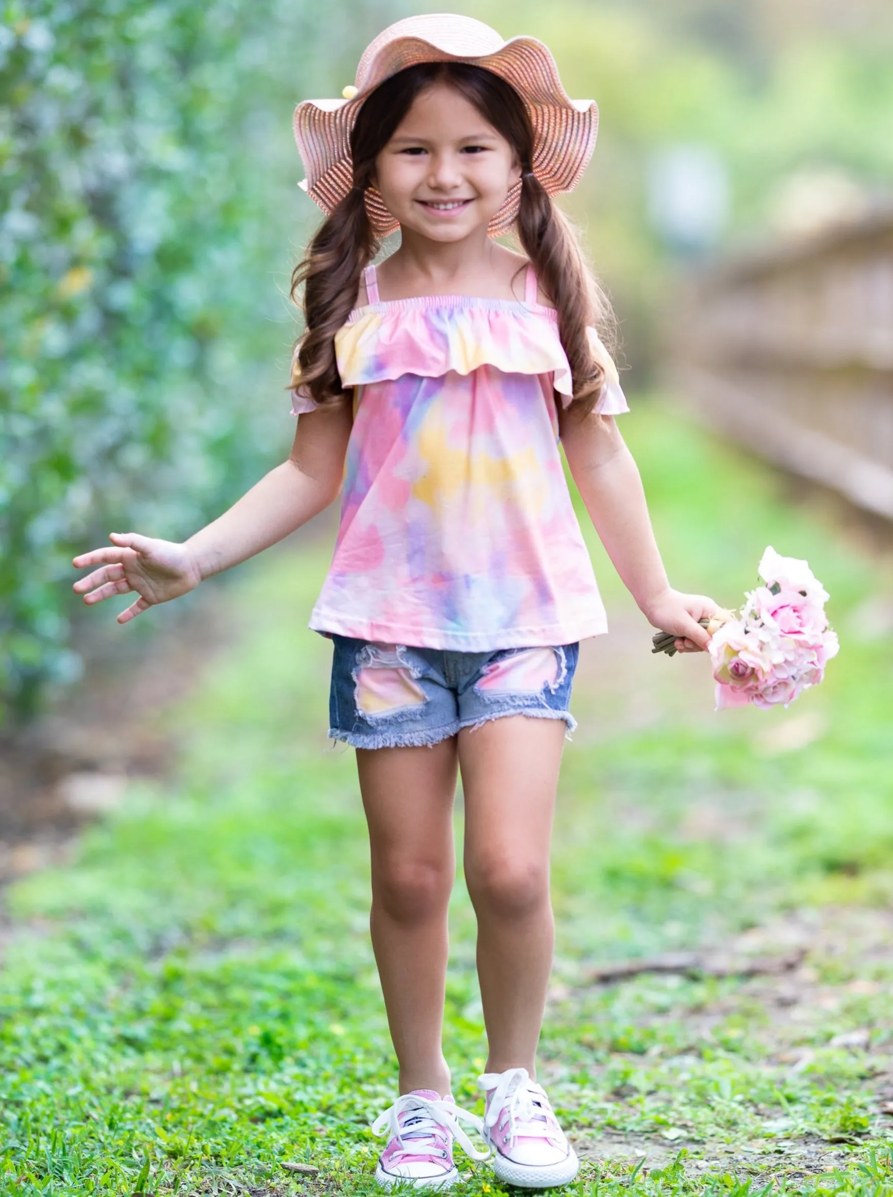 Girls Flower Power Top and Denim Short Set