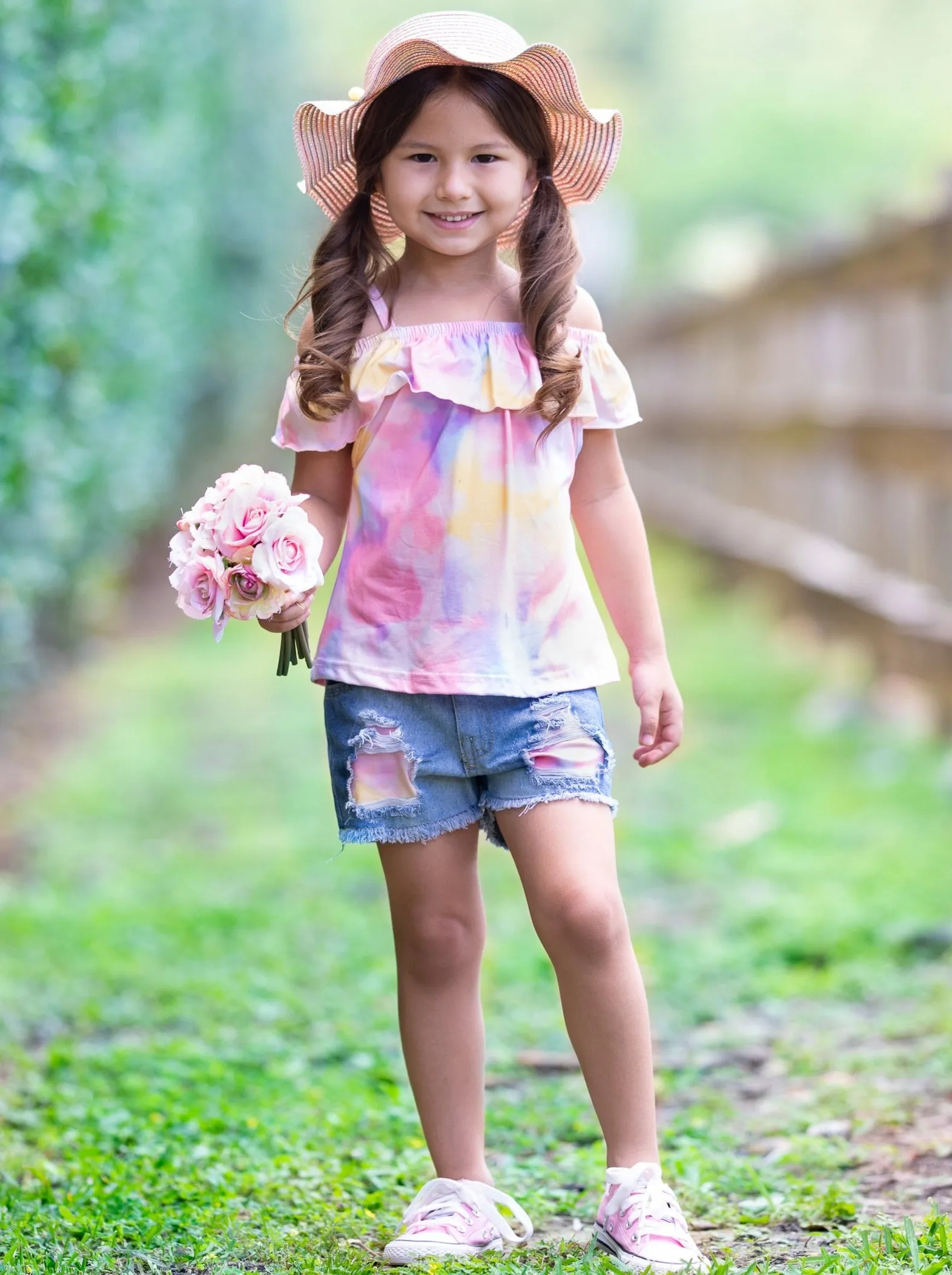 Girls Flower Power Top and Denim Short Set