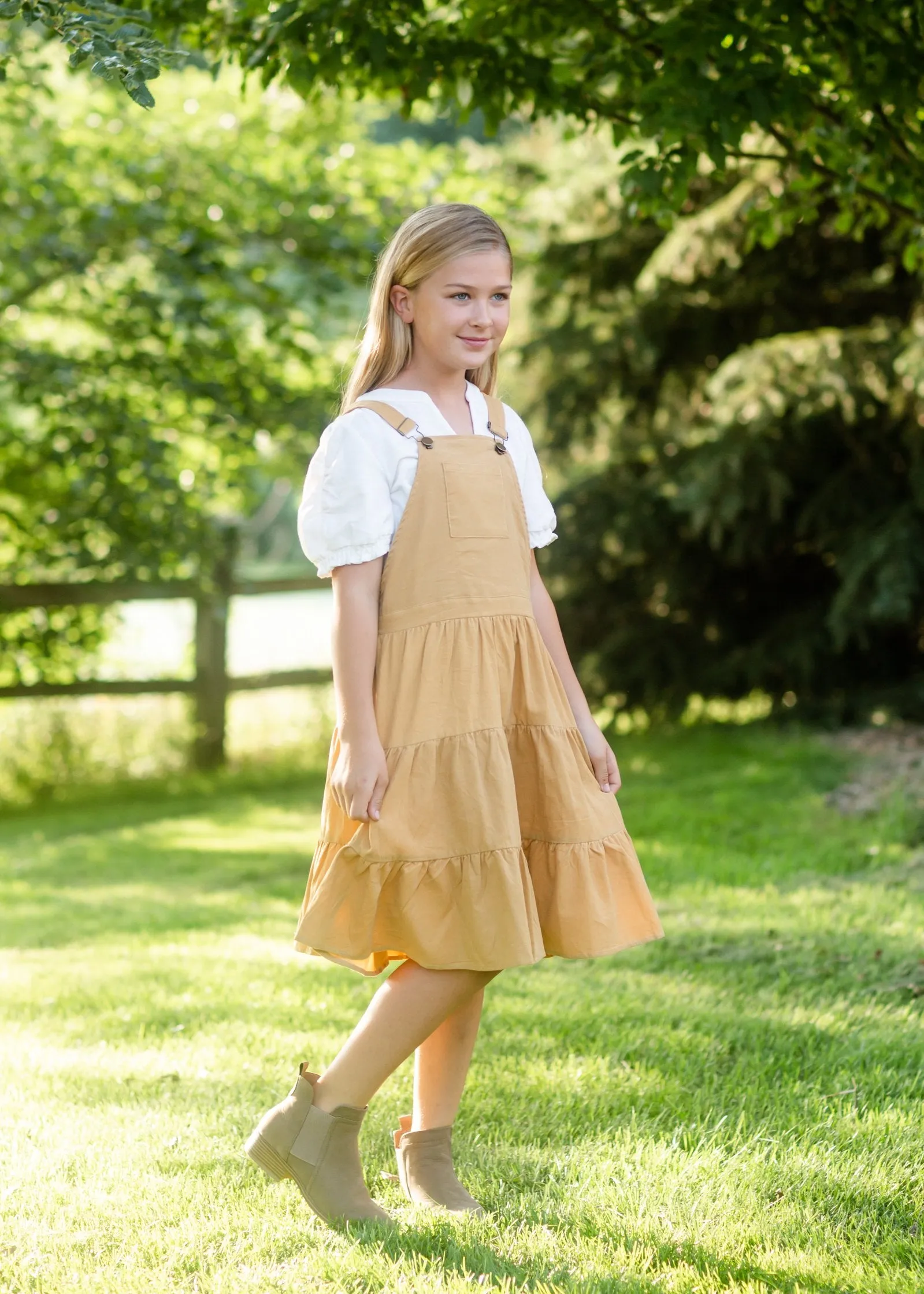 Girls Mustard Corduroy Tiered Overall Dress