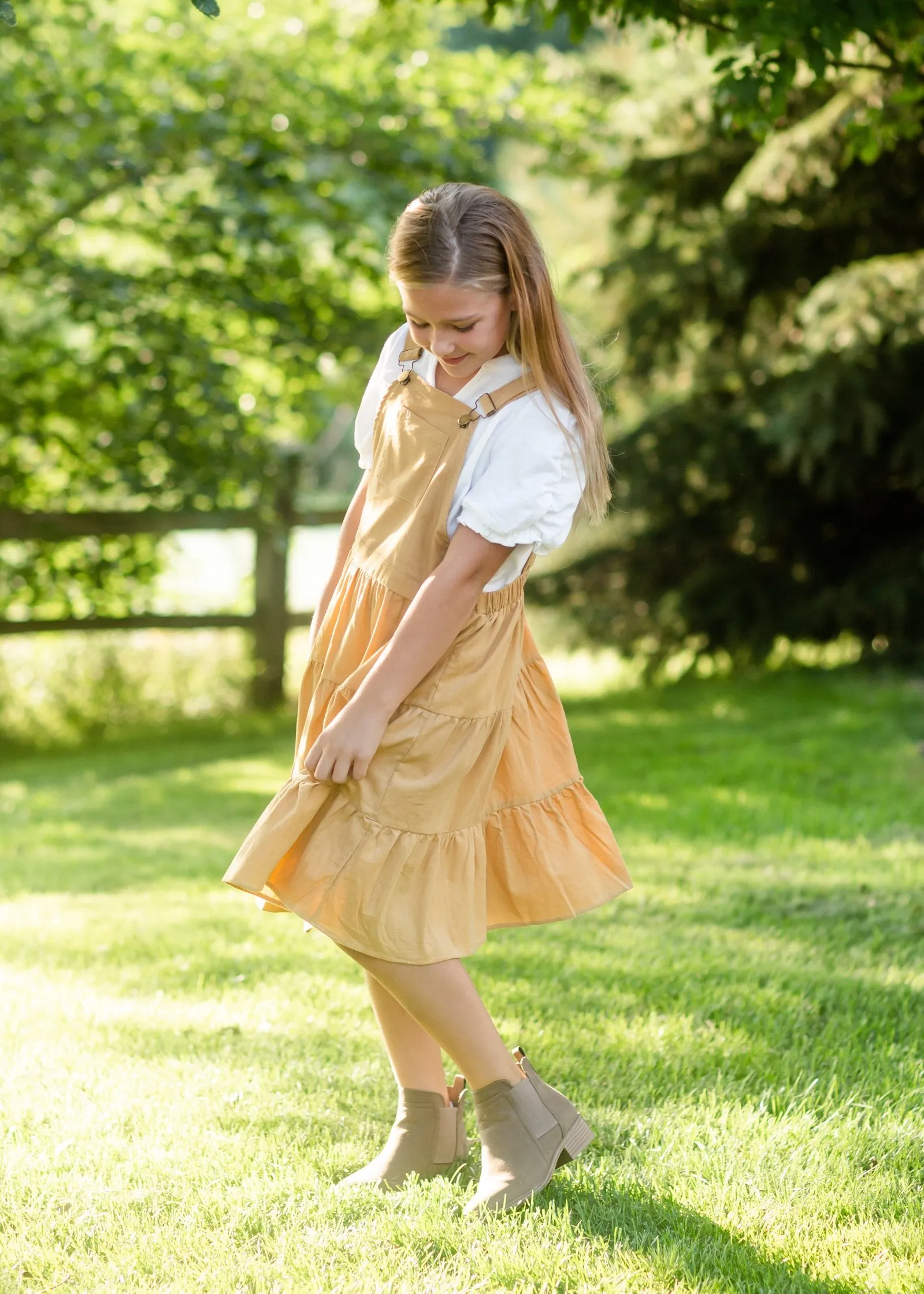 Girls Mustard Corduroy Tiered Overall Dress