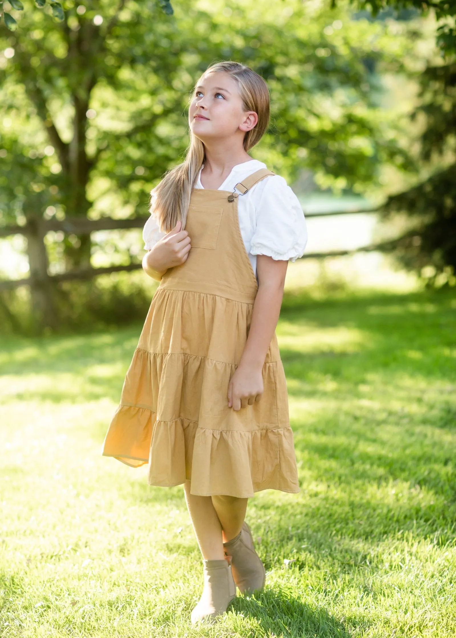 Girls Mustard Corduroy Tiered Overall Dress