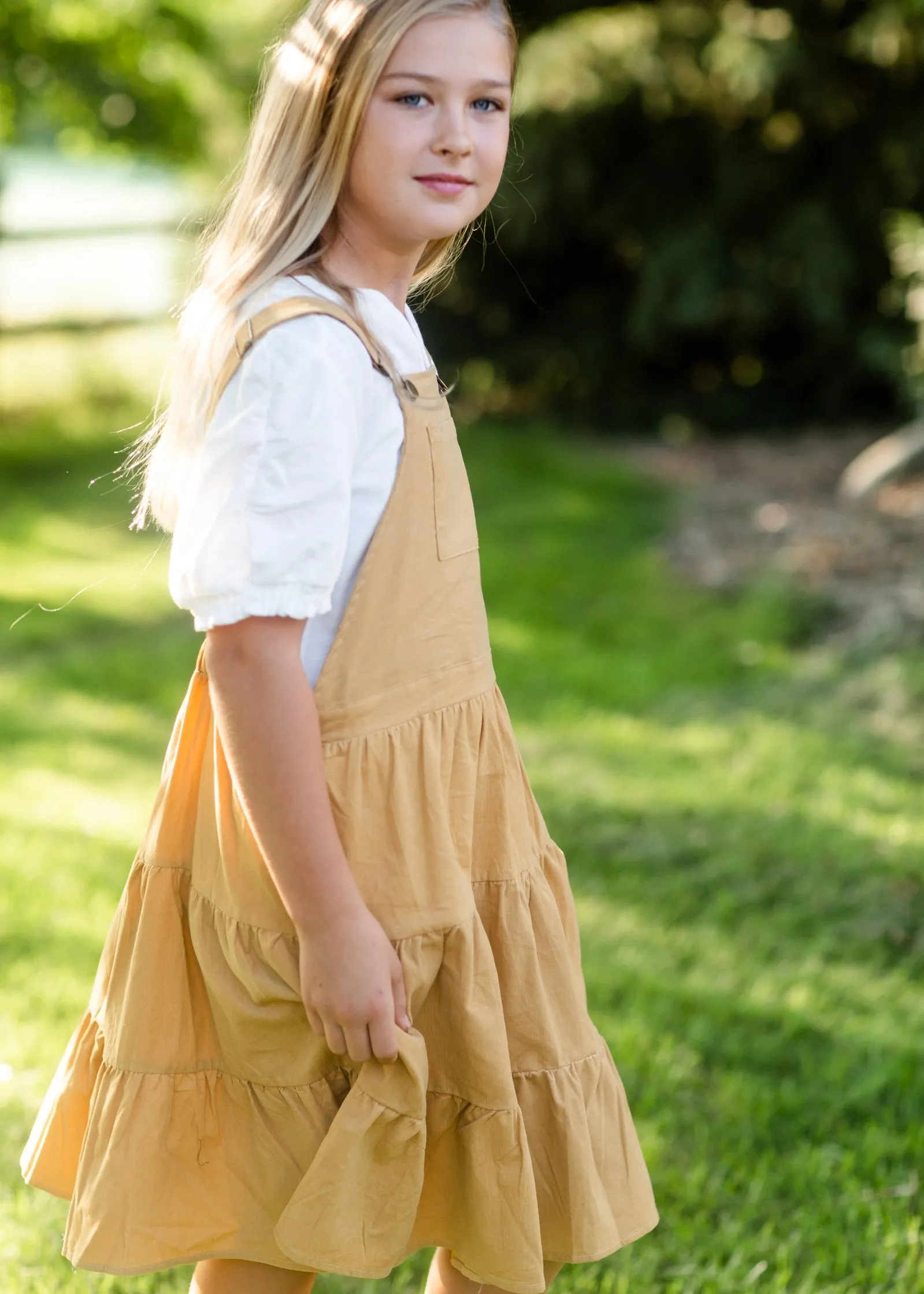 Girls Mustard Corduroy Tiered Overall Dress