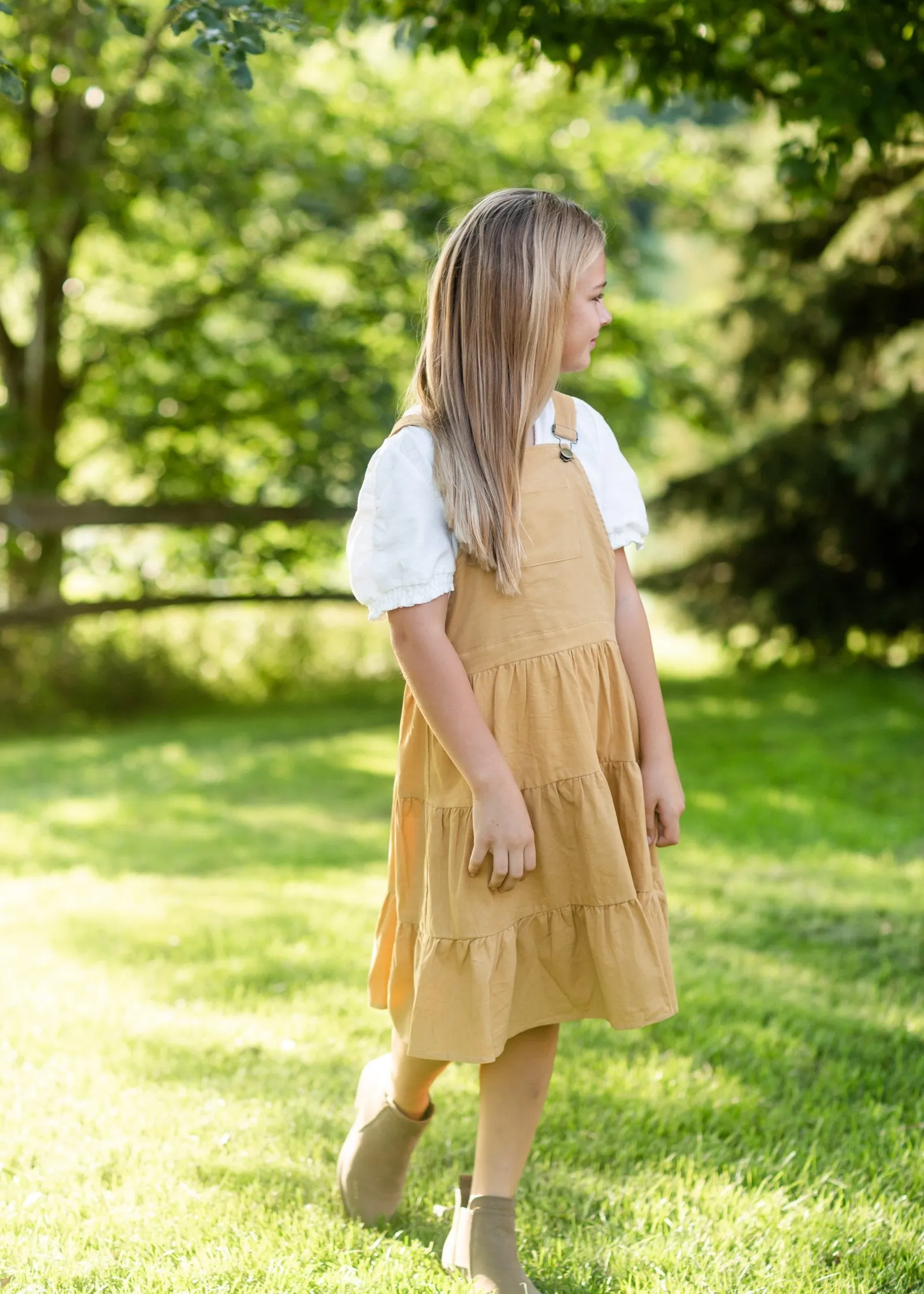 Girls Mustard Corduroy Tiered Overall Dress