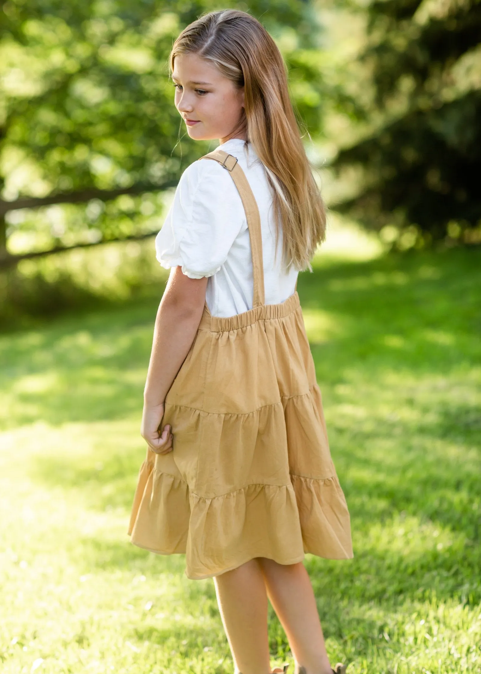 Girls Mustard Corduroy Tiered Overall Dress