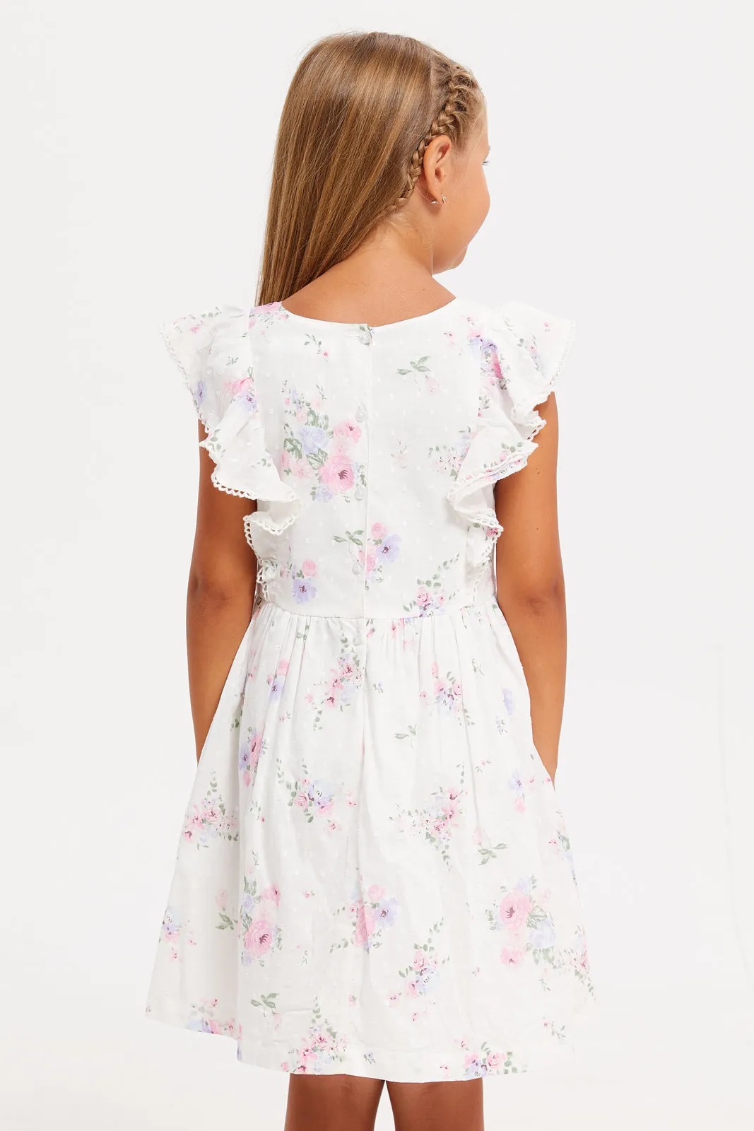 Girls White Printed Dress