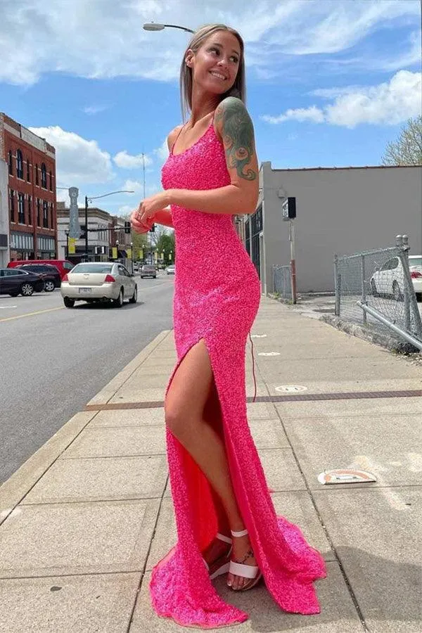 Glitters Hot Pink Mermaid Long Prom Evening Dress with Slit  PSK278