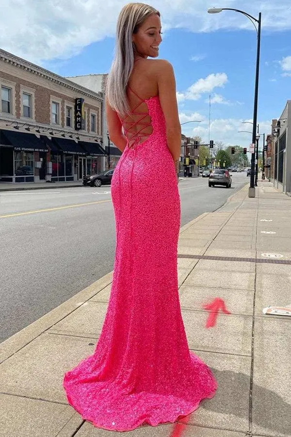 Glitters Hot Pink Mermaid Long Prom Evening Dress with Slit  PSK278