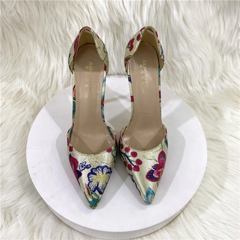 Gold Floral Print Pointed Toe Thin Heel Pumps