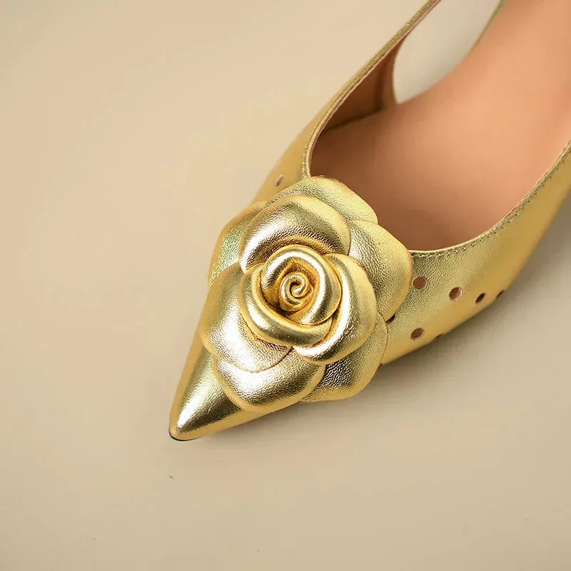 Gold Flower Pointed Toe Slingback Pumps