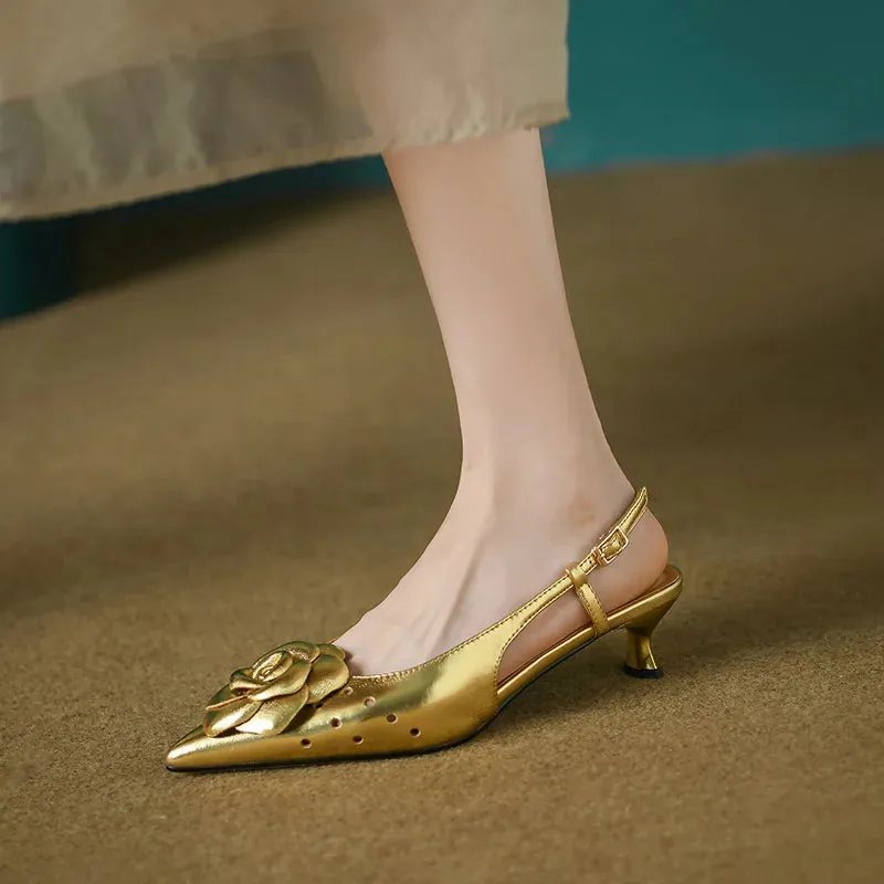 Gold Flower Pointed Toe Slingback Pumps