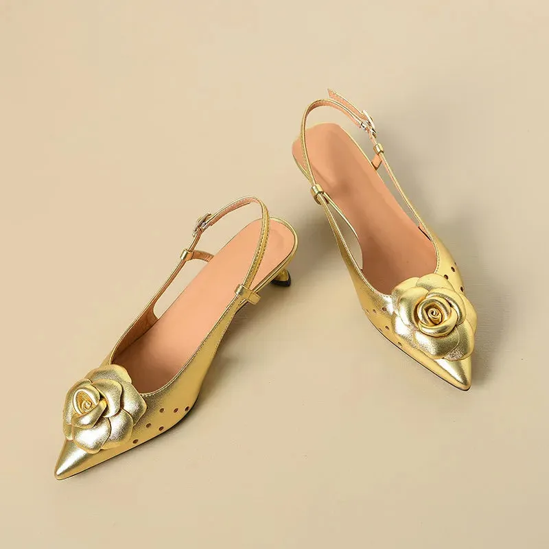 Gold Flower Pointed Toe Slingback Pumps