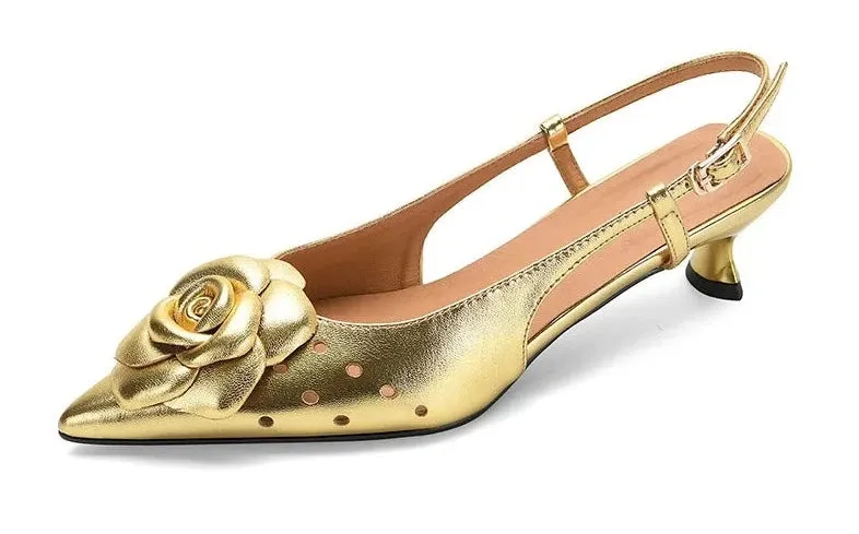 Gold Flower Pointed Toe Slingback Pumps