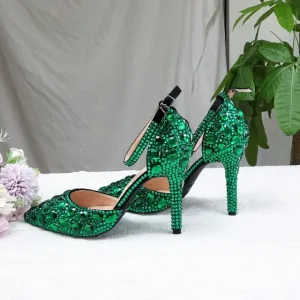 Green Crystal Thin Heel Pointed Toe Ladies Party Dress High Pumps