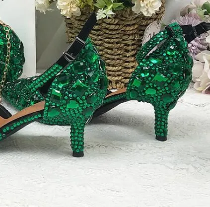 Green Crystal Thin Heel Pointed Toe Ladies Party Dress High Pumps