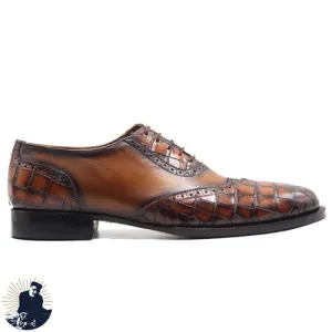 Handmade Premium Quality Brown Leather Alligator Print Wingtip Lace up Oxford Dress Shoes For Men's