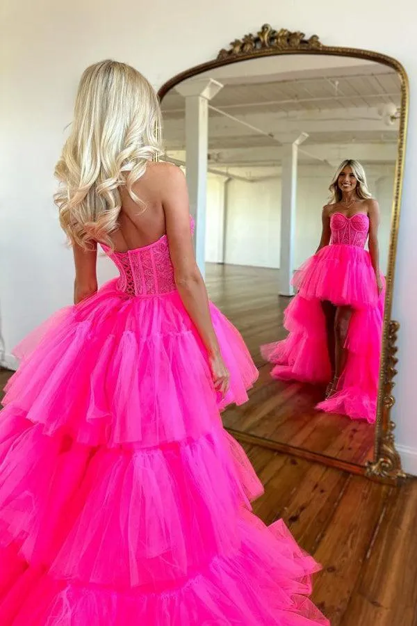 Hot Pink High Low Sweetheart Tiered Prom Dress Evening Dress PSK398