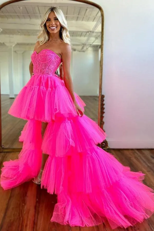 Hot Pink High Low Sweetheart Tiered Prom Dress Evening Dress PSK398