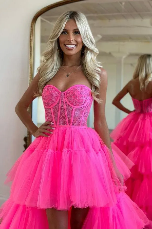 Hot Pink High Low Sweetheart Tiered Prom Dress Evening Dress PSK398