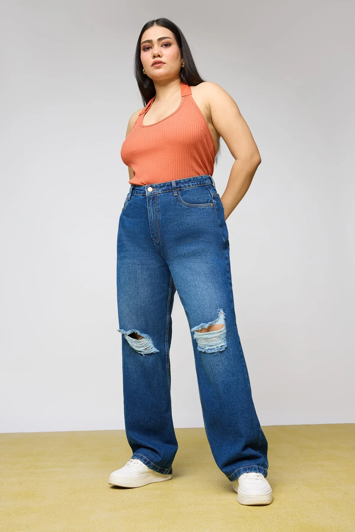 Iconic Knee-Distressed Curve Wide-Leg jeans