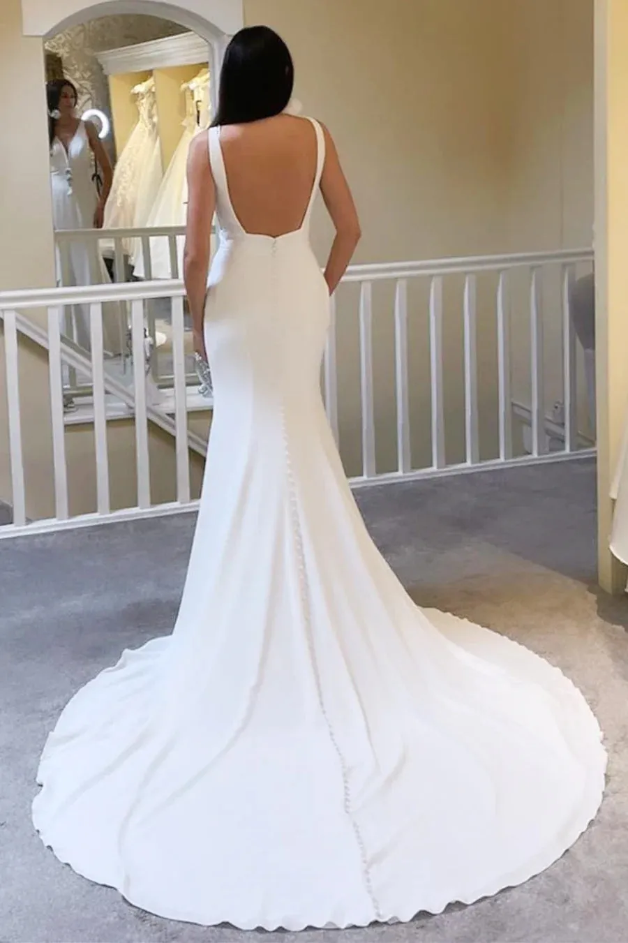 Ivory Plunge V Neck Open Back Mermaid Long Wedding Dress WD665