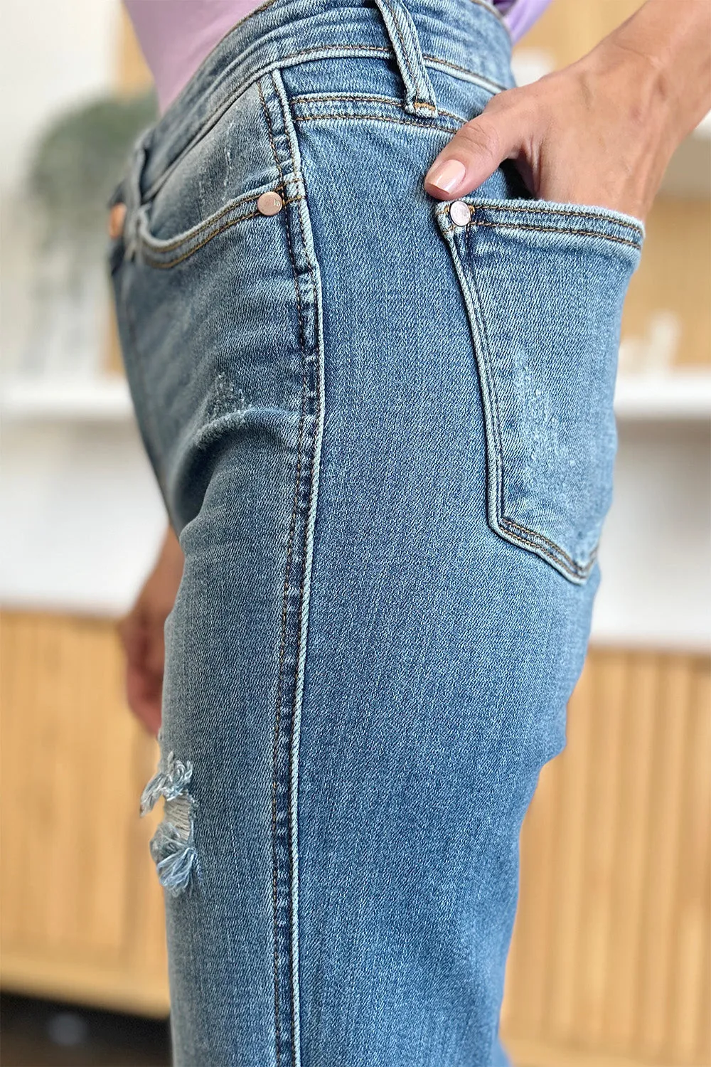 Judy Blue Distressed Raw Hem Bootcut Jeans [Online Exclusive]