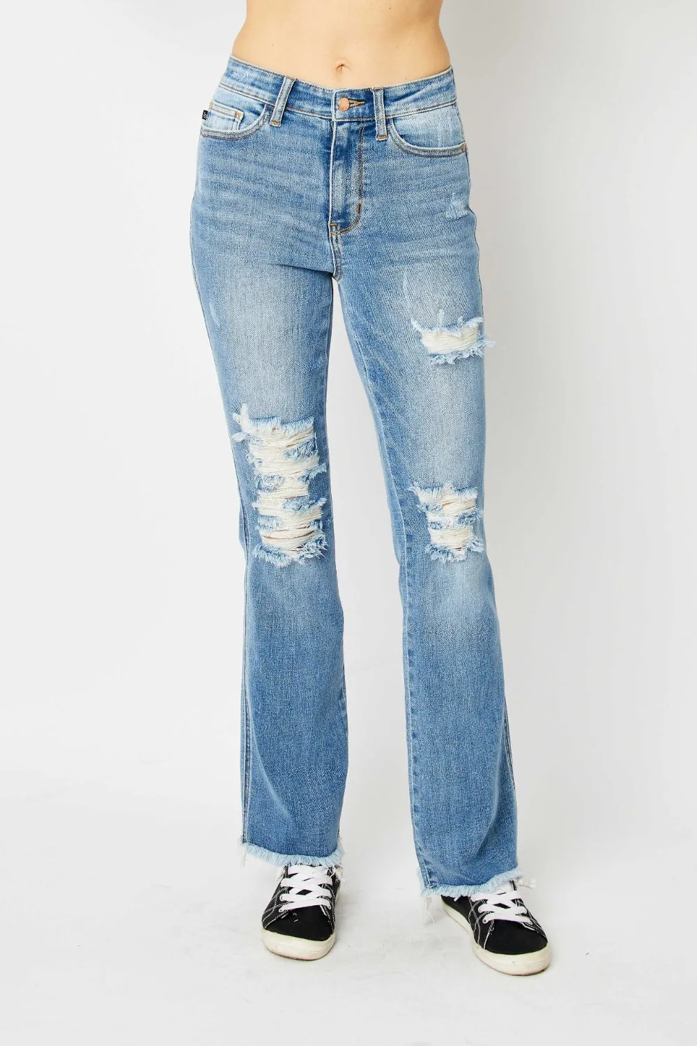 Judy Blue Distressed Raw Hem Bootcut Jeans [Online Exclusive]