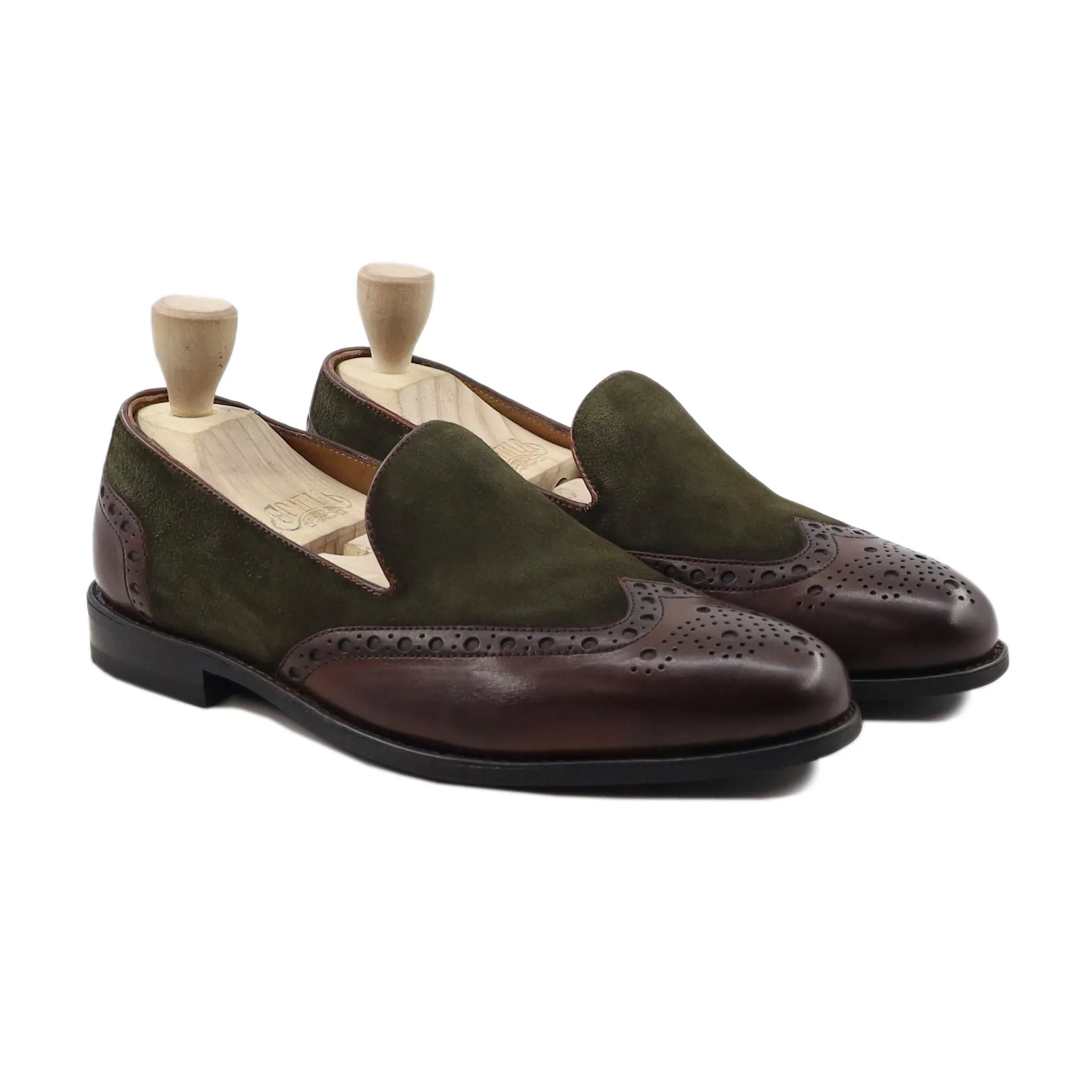 Kazan - Men's Brown Calf Leather and Olive Green Kid Suede Loafer