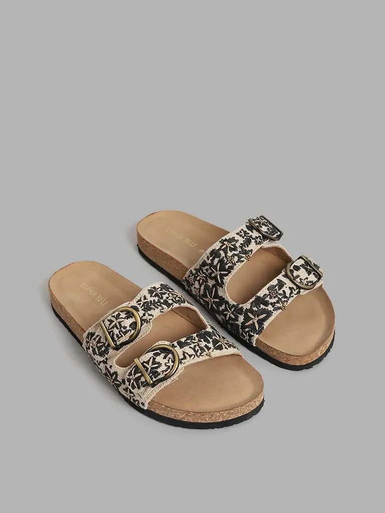 LUNA BLU Black Embroidered Buckle Strap Comfort Sandals