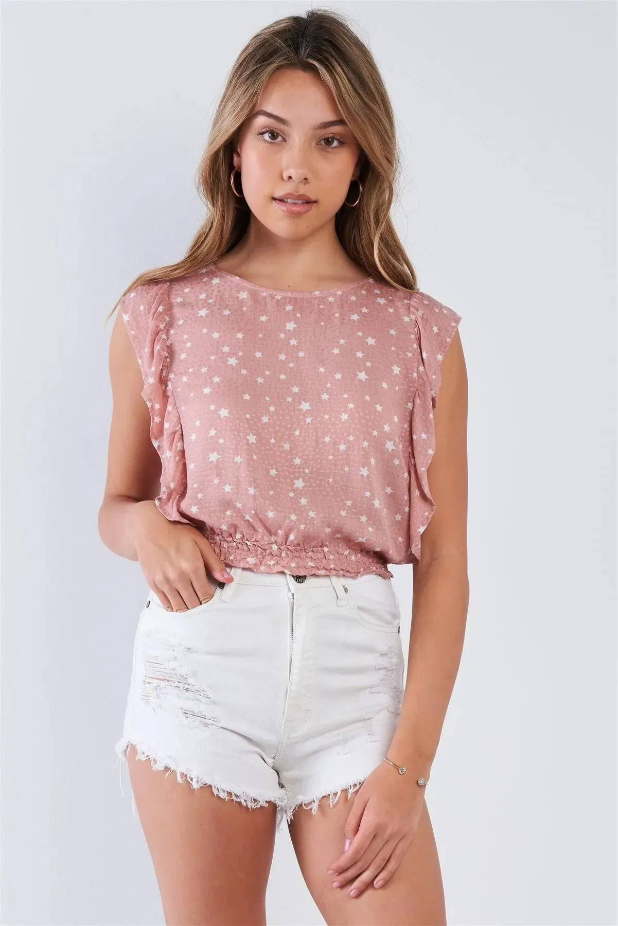 Mauve Sleeveless Star Print Ruffled Top