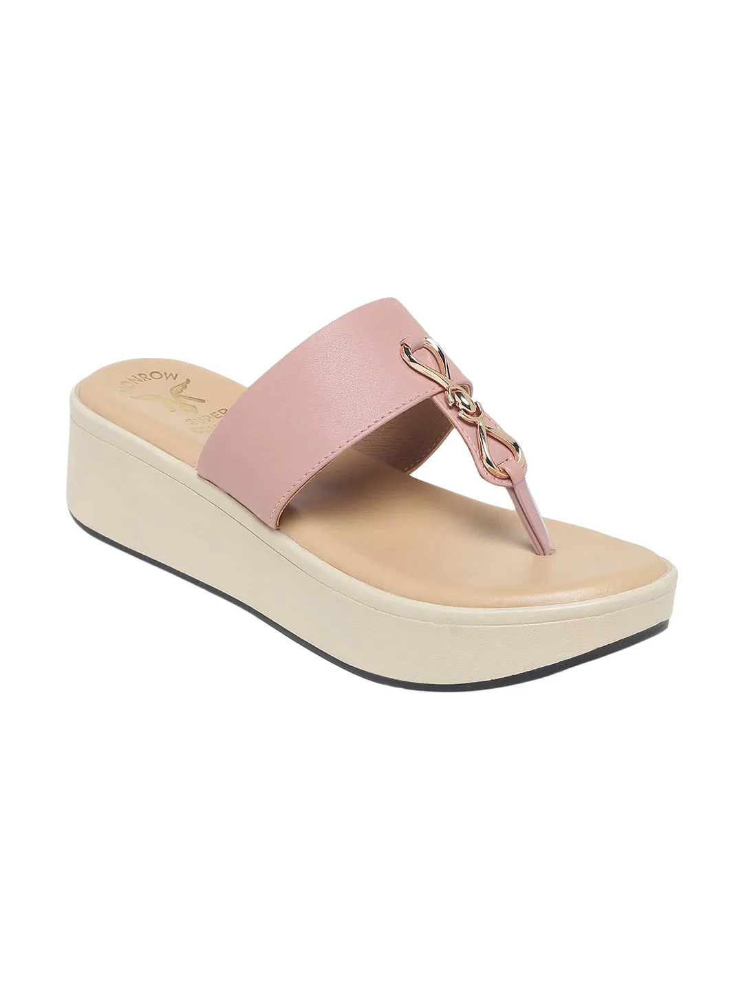 Meera T-Strap Gleam Trim Pink Flatform Sandals